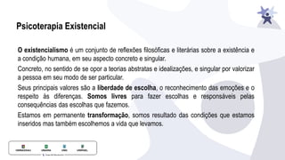 Psicoterapia Existencial
O existencialismo é um conjunto de reﬂexões ﬁlosóﬁcas e literárias sobre a existência e
a condição humana, em seu aspecto concreto e singular.
Concreto, no sentido de se opor a teorias abstratas e idealizações, e singular por valorizar
a pessoa em seu modo de ser particular.
Seus principais valores são a liberdade de escolha, o reconhecimento das emoções e o
respeito às diferenças. Somos livres para fazer escolhas e responsáveis pelas
consequências das escolhas que fazemos.
Estamos em permanente transformação, somos resultado das condições que estamos
inseridos mas também escolhemos a vida que levamos.
 