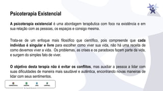 Psicoterapia Existencial
A psicoterapia existencial é uma abordagem terapêutica com foco na existência e em
sua relação com as pessoas, os espaços e consigo mesma.
Trata-se de um enfoque mais ﬁlosóﬁco que cientíﬁco, pois compreende que cada
indivíduo é singular e livre para escolher como viver sua vida, não há uma receita de
como devemos viver a vida. Os problemas, as crises e os paradoxos fazem parte da vida,
e surgem do simples fato de viver.
O objetivo desta terapia não é evitar os conﬂitos, mas auxiliar a pessoa a lidar com
suas diﬁculdades de maneira mais saudável e autêntica, encontrando novas maneiras de
lidar com seus sentimentos.
 