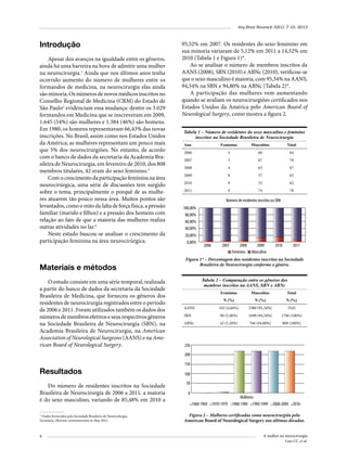 Arq Bras Neurocir 32(1): 7-10, 2013

Introdução
Apesar dos avanços na igualdade entre os gêneros,
ainda há uma barreira na hora de admitir uma mulher
na neurocirurgia.1 Ainda que nos últimos anos tenha
ocorrido aumento do número de mulheres entre os
formandos de medicina, na neurocirurgia elas ainda
são minoria. Os números de novos médicos inscritos no
Conselho Regional de Medicina (CRM) do Estado de
São Paulo2 evidenciam essa mudança: dentre os 3.029
formandos em Medicina que se inscreveram em 2009,
1.645 (54%) são mulheres e 1.384 (46%) são homens.
Em 1980, os homens representavam 66,43% das novas
inscrições. No Brasil, assim como nos Estados Unidos
da América, as mulheres representam um pouco mais
que 5% dos neurocirurgiões. No entanto, de acordo
com o banco de dados da secretaria da Academia Brasileira de Neurocirurgia, em fevereiro de 2010, dos 808
membros titulares, 42 eram do sexo feminino.3
Com o crescimento da participação feminina na área
neurocirúrgica, uma série de discussões tem surgido
sobre o tema, principalmente o porquê de as mulheres atuarem tão pouco nessa área. Muitos pontos são
levantados, como o mito da falta de força física, a pressão
familiar (marido e filhos) e a pressão dos homens com
relação ao fato de que a maioria das mulheres realiza
outras atividades no lar.4
Neste estudo buscou-se analisar o crescimento da
participação feminina na área neurocirúrgica.

Materiais e métodos
O estudo consiste em uma série temporal, realizada
a partir do banco de dados da secretaria da Sociedade
Brasileira de Medicina, que forneceu os gêneros dos
residentes de neurocirurgia registrados entre o período
de 2006 e 2011. Foram utilizados também os dados dos
números de membros efetivos e seus respectivos gêneros
na Sociedade Brasileira de Neurocirurgia (SBN), na
Academia Brasileira de Neurocirurgia, na American
Association of Neurological Surgeons (AANS) e na American Board of Neurological Surgery.

95,52% em 2007. Os residentes do sexo feminino em
sua minoria variaram de 5,12% em 2011 a 14,52% em
2010 (Tabela 1 e Figura 1)*.
Ao se analisar o número de membros inscritos da
AANS (2008), SBN (2010) e ABNc (2010), verificou-se
que o sexo masculino é maioria, com 95,34% na AANS,
94,54% na SBN e 94,80% na ABNc (Tabela 2)*.
A participação das mulheres vem aumentando
quando se avaliam os neurocirurgiões certificados nos
Estados Unidos da América pelo American Board of
Neurological Surgery, como mostra a figura 2.
Tabela 1 – Número de residentes do sexo masculino e feminino
inscritos na Sociedade Brasileira de Neurocirurgia
Ano

Feminino

Masculino

Total

2006

4

60

64

2007

3

67

70

2008

4

63

67

2009

8

57

65

2010

9

53

62

2011

4

74

78

Número de residentes inscritos na SBN
100,00%
80,00%
60,00%
40,00%
20,00%
0,00%

2006

2007

2008
Feminino

2009
Masculino

2010

2011

Figura 1* – Porcentagem dos residentes inscritos na Sociedade
Brasileira de Neurocirurgia conforme o gênero.
Tabela 2 – Comparação entre os gêneros dos
membros inscritos na AANS, SBN e ABNc
Feminino

Masculino

Total

N (%)

N (%)

N (%)

AANS

165 (4,66%)

3380 (95,34%)

3545

SBN

98 (5,46%)

1698 (94,54%)

1796 (100%)

ABNc

42 (5,20%)

766 (94,80%)

808 (100%)

250
200

Resultados
Do número de residentes inscritos na Sociedade
Brasileira de Neurocirurgia de 2006 a 2011, a maioria
é do sexo masculino, variando de 85,48% em 2010 a
* Dados fornecidos pela Sociedade Brasileira de Neurocirurgia,
Secretaria. Eletronic communication in May 2012.

8

150
100
50
0

Mulheres
1960-1969 1970-1979 1980-1989 1990-1999

2000-2009 2010-

Figura 2 – Mulheres certificadas como neurocirurgiãs pela
American Board of Neurological Surgery nas últimas décadas.
A mulher na neurocirurgia
Lins CC et al.

 