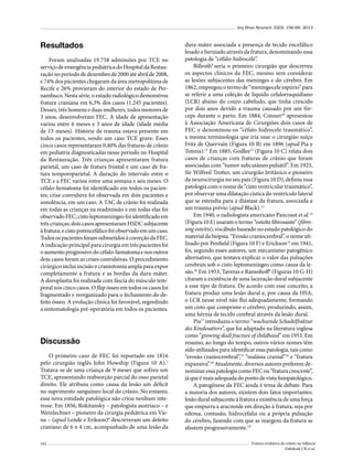 Arq Bras Neurocir 32(3): 156-69, 2013

Resultados
Foram analisadas 19.758 admissões por TCE no
serviço de emergência pediátrica do Hospital da Restauração no período de dezembro de 2000 até abril de 2008,
e 74% dos pacientes chegaram da área metropolitana de
Recife e 26% provieram do interior do estado de Pernambuco. Nesta série, o estudo radiológico demonstrou
fratura craniana em 6,3% dos casos (1.245 pacientes).
Desses, três homens e duas mulheres, todos menores de
3 anos, desenvolveram FEC. A idade de apresentação
variou entre 6 meses e 3 anos de idade (idade média
de 13 meses). História de trauma estava presente em
todos os pacientes, sendo um caso TCE grave. Esses
cinco casos representaram 0,40% das fraturas de crânio
em pediatria diagnosticadas nesse período no Hospital
da Restauração. Três crianças apresentaram fratura
parietal, um caso de fratura frontal e um caso de fratura temporoparietal. A duração do intervalo entre o
TCE e a FEC variou entre uma semana e seis meses. O
céfalo-hematoma foi identificado em todos os pacientes; crise convulsiva foi observada em dois pacientes e
sonolência, em um caso. A TAC de crânio foi realizada
em todas as crianças na readmissão e em todas elas foi
observado FEC; cisto leptomeníngeo foi identificado em
três crianças; dois casos apresentaram HSDC subjacente
à fratura; e cisto porencefálico foi observado em um caso.
Todos os pacientes foram submetidos à correção da FEC.
A indicação principal para cirurgia em três pacientes foi
o aumento progressivo do céfalo-hematoma e nos outros
dois casos foram as crises convulsivas. O procedimento
cirúrgico inclui incisão e craniotomia ampla para expor
completamente a fratura e as bordas da dura-máter.
A duroplastia foi realizada com fáscia do músculo temporal nos cinco casos. O flap ósseo em todos os casos foi
fragmentado e reorganizado para o fechamento do defeito ósseo. A evolução clínica foi favorável, regredindo
a sintomatologia pré-operatória em todos os pacientes.

Discussão
O primeiro caso de FEC foi reportado em 1816
pelo cirurgião inglês John Howship (Figura 10 A).7
Tratava-se de uma criança de 9 meses que sofreu um
TCE, apresentando reabsorção parcial do osso parietal
direito. Ele atribuiu como causa da lesão um déficit
no suprimento sanguíneo local do crânio. No entanto,
essa nova entidade patológica não criou nenhum interesse. Em 1856, Rokitansky – patologista austríaco – e
Weinlechner – pioneiro da cirurgia pediátrica em Viena – (apud Lende e Erikson)8 descreveram um defeito
craniano de 6 x 4 cm, acompanhado de uma lesão da
162

dura-máter associada a presença de tecido encefálico
lesado e herniado através da fratura, denominando essa
patologia de “céfalo-hidrocele”.
Billroth9 seria o primeiro cirurgião que descreveu
os aspectos clínicos da FEC, mesmo sem considerar
as lesões subjacentes das meninges e do cérebro. Em
1862, empregou o termo de “meningocele espúrio” para
se referir a uma coleção de líquido cefalorraquidiano
(LCR) abaixo do couro cabeludo, que tinha crescido
por dois anos devido a trauma causado por um fórceps durante o parto. Em 1884, Conner10 apresentou
à Associação Americana de Cirurgiões dois casos de
FEC e denominou-os “céfalo-hidrocele traumático”,
a mesma terminologia que iria usar o cirurgião suíço
Fritz de Quervaín (Figura 10 B) em 1896 (apud Pia e
Tonnis).11 Em 1885, Godlee12 (Figura 10 C) relata dois
casos de crianças com fraturas de crânio que foram
associadas com “tumor subcutâneo pulsátil”. Em 1923,
Sir Wilfred Trotter, um cirurgião britânico e pioneiro
da neurocirurgia no seu país (Figura 10 D), definiu essa
patologia com o nome de “cisto ventricular traumático”,
por observar uma dilatação cística do ventrículo lateral
que se estendia para a diástase da fratura, associada a
um trauma prévio (apud Black).13
Em 1940, o radiologista americano Pancoast et al.14
(Figura 10 E) usaram o termo “osteíte fibrosante” (fibrosing osteitis), vocábulo baseado no estudo patológico do
material da biópsia. “Erosão craniocerebral”, o nome utilizado por Penfield (Figura 10 F) e Erickson15 em 1941,
foi, segundo esses autores, um mecanismo patogênico
alternativo, que tentava explicar o valor das pulsações
cerebrais sob o cisto leptomeníngeo como causa da lesão.16 Em 1953, Taveras e Ransohoff6 (Figuras 10 G-H)
citaram a existência de uma laceração dural subjacente
a esse tipo de fratura. De acordo com esse conceito, a
fratura produz uma lesão dural e, por causa da HSA,
o LCR nesse nível não flui adequadamente, formando
um cisto que comprime o cérebro, produzindo, assim,
uma hérnia de tecido cerebral através da lesão dural.
Pia17 introduziu o termo “wachsende Schadelfraktur
des Kindesatters”, que foi adaptado na literatura inglesa
como “growing skull fracture of childhood” em 1953. Em
resumo, ao longo do tempo, outros vários nomes têm
sido utilizados para identificar essa patologia, tais como
“erosão craniocerebral”,15 “malásia cranial”16 e “fratura
expansiva”.18 Atualmente, diversos autores preferem denominar essa patologia como FEC ou “fratura crescente”,
já que é mais adequada do ponto de vista fisiopatológico.
A patogênese da FEC ainda é tema de debate. Para
a maioria dos autores, existem dois fatos importantes:
lesão dural subjacente à fratura e existência de uma força
que empurra a aracnoide em direção à fratura, seja por
edema, contusão, hidrocefalia ou a própria pulsação
do cérebro, fazendo com que as margens da fratura se
afastem progressivamente.19
Fratura evolutiva de crânio na infância
Dabdoub CB et al.

 