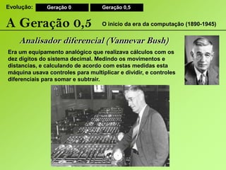 Evolução:Geração 0Geração 0,5A Geração 0,5O inicio da era da computação (1890-1945)Analisador diferencial (Vannevar Bush) Era um equipamento analógico que realizava cálculos com os dez dígitos do sistema decimal. Medindo os movimentos e distancias, e calculando de acordo com estas medidas esta máquina usava controles para multiplicar e dividir, e controles diferenciais para somar e subtrair. 