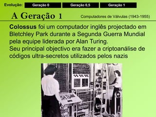 Evolução:Geração 0Geração 0,5Geração 1A Geração 1Computadores de Válvulas (1943-1955)Colossus foi um computador inglês projectado em Bletchley Park durante a Segunda Guerra Mundial pela equipe liderada por Alan Turing. Seu principal objectivo era fazer a criptoanálise de códigos ultra-secretos utilizados pelos nazis
