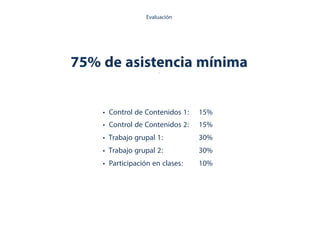 75% de asistencia mínima.
Evaluación
• Control de Contenidos 1: 15%
• Control de Contenidos 2: 15%
• Trabajo grupal 1: 30%
• Trabajo grupal 2: 30%
• Participación en clases: 10%
 