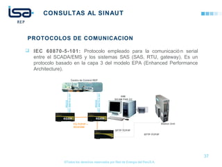 ©Todos los derechos reservados por Red de Energía del PerúS.A.
CONSULTAS AL SINAUT
 IEC 60870-5-101: Protocolo empleado para la comunicació n serial
entre el SCADA/EMS y los sistemas SAS (SAS, RTU, gateway). Es un
protocolo basado en la capa 3 del modelo EPA (Enhanced Performance
Architecture).
37
PROTOCOLOS DE COMUNICACION
Centro de Control REP
FO-TCP/IP –
IEC61850
SFTP-TCP/IP
SFTP-TCP/IP
RS232
–IEC60870-5-101
RS232
–IEC60870-5-101
Station Unit
IHM
SICAM PAS CC
RS400 RS400
 