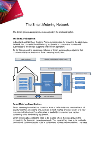 The Smart Metering Network
The Smart Metering programme is described in the enclosed leaflet.
The Wide Area Network
In Scotland and Northern England Arqiva is responsible for providing the Wide Area
Network that connects Smart Metering equipment in consumers’ homes and
businesses to the energy suppliers and network operators.
To do this we need to establish a network of Smart Metering base stations that
communicate by radio with the Smart Metering equipment.
Smart Metering Base Stations
Smart metering base stations consist of a set of radio antennas mounted on a tall
structure (either an existing one, such as a mast, rooftop or water tower, or a new
purpose-built structure if no alternative is available) connected to a cabinet
containing radio transmitting equipment.
Smart Metering base stations need to be located where they can provide the
connectivity for the smart metering network. This means they have to be relatively
close to the communications hubs in consumers’ homes and businesses. The base
 