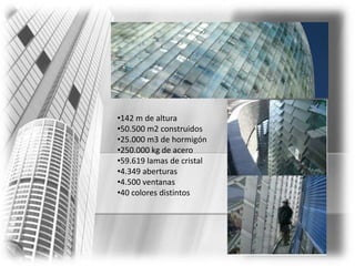 Torre AgbarArquitecto: Jean NouvelProyecto : Fermín Vázquez – BarcelonaPromotor: LayetanaAltura: 142 metrosSuperficie construida: 50.693 m2Funciones: Auditorio corporativode Aguas de Barcelonay sala de conferencias