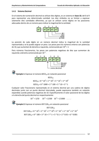 Arquitectura y Mantenimiento de Computadores

Escuela de Informática Aplicada a la Educación

1.4.1 Sistema Decimal
En el sistema de numeración decimal se utilizan diez dígitos, es un sistema en base 10, del 0 al 9
para representar una determinada cantidad. Los diez símbolos no se limitan a expresar
solamente diez cantidades diferentes, ya que se utilizan varios dígitos en las posiciones
adecuadas dentro de un número para indicar la magnitud de la cantidad.

La posición de cada dígito en un número decimal indica la magnitud de la cantidad
representada y se le puede asignar un peso. Los pesos para los números enteros son potencias
de 10, que aumentan de derecha a izquierda, comenzando por 100 = 1
Para números fraccionarios, los pesos son potencias negativas de diez que aumentan de
izquierda a derecha comenzando por 10–1.

Ejemplo 1: Expresar el número 825310 en notación posicional
825310
825310 = 8 * 103 + 2 * 102 + 5 * 101 + 3 * 100
825310 = 8 * 1000 + 2 * 100 + 5 * 10 + 3 * 1
Cualquier valor fraccionario representado en el sistema decimal por una cadena de dígitos
decimales junto con un punto decimal intercalado, puede expresarse también en notación
expandida usando potencias negativas de 10. Específicamente el valor posicional de los dígitos
a la derecha del punto decimal es respectivamente:
10-1 = 1/10

10-2 = 1/100 10-3 = 1/1000 . . . . .

Ejemplo 2: Expresar el número 837.52610 en notación posicional
837.52610
837.52610 = 8 * 102 + 3 * 101 + 7 * 100 + 5 * 10-1 + 2 * 10-2 + 6 * 10-3
837.52610 = 8 * 100 + 3 * 10 + 7 * 1 + 5 * 0.1 + 2 * 0.01 + 6 * 0.001

12

 