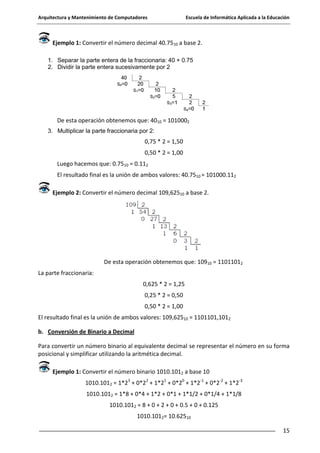 Arquitectura y Mantenimiento de Computadores

Escuela de Informática Aplicada a la Educación

Ejemplo 1: Convertir el número decimal 40.7510 a base 2.
1. Separar la parte entera de la fraccionaria: 40 + 0.75
2. Dividir la parte entera sucesivamente por 2

De esta operación obtenemos que: 4010 = 1010002
3. Multiplicar la parte fraccionaria por 2:

0,75 * 2 = 1,50
0,50 * 2 = 1,00
Luego hacemos que: 0.7510 = 0.112
El resultado final es la unión de ambos valores: 40.7510 = 101000.112
Ejemplo 2: Convertir el número decimal 109,62510 a base 2.

De esta operación obtenemos que: 10910 = 11011012
La parte fraccionaria:
0,625 * 2 = 1,25
0,25 * 2 = 0,50
0,50 * 2 = 1,00
El resultado final es la unión de ambos valores: 109,62510 = 1101101,1012
b. Conversión de Binario a Decimal
Para convertir un número binario al equivalente decimal se representar el número en su forma
posicional y simplificar utilizando la aritmética decimal.
Ejemplo 1: Convertir el número binario 1010.1012 a base 10
1010.1012 = 1*23 + 0*22 + 1*21 + 0*20 + 1*2-1 + 0*2-2 + 1*2-3
1010.1012 = 1*8 + 0*4 + 1*2 + 0*1 + 1*1/2 + 0*1/4 + 1*1/8
1010.1012 = 8 + 0 + 2 + 0 + 0.5 + 0 + 0.125
1010.1012= 10.62510
15

 