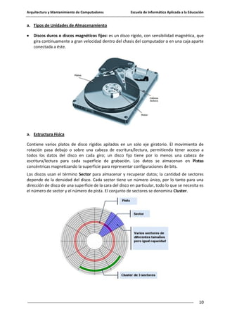 Arquitectura y Mantenimiento de Computadores

Escuela de Informática Aplicada a la Educación

a. Tipos de Unidades de Almacenamiento
Discos duros o discos magnéticos fijos: es un disco rígido, con sensibilidad magnética, que
gira continuamente a gran velocidad dentro del chasis del computador o en una caja aparte
conectada a éste.

a. Estructura Física
Contiene varios platos de disco rígidos apilados en un solo eje giratorio. El movimiento de
rotación pasa debajo o sobre una cabeza de escritura/lectura, permitiendo tener acceso a
todos los datos del disco en cada giro; un disco fijo tiene por lo menos una cabeza de
escritura/lectura para cada superficie de grabación. Los datos se almacenan en Pistas
concéntricas magnetizando la superficie para representar configuraciones de bits.
Los discos usan el término Sector para almacenar y recuperar datos; la cantidad de sectores
depende de la densidad del disco. Cada sector tiene un número único, por lo tanto para una
dirección de disco de una superficie de la cara del disco en particular, todo lo que se necesita es
el número de sector y el número de pista. El conjunto de sectores se denomina Cluster.

10

 