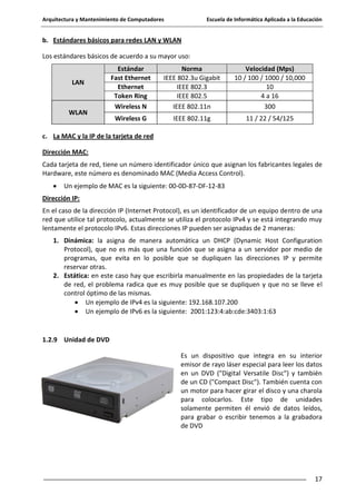 Arquitectura y Mantenimiento de Computadores

Escuela de Informática Aplicada a la Educación

b. Estándares básicos para redes LAN y WLAN
Los estándares básicos de acuerdo a su mayor uso:

LAN

WLAN

Estándar
Fast Ethernet
Ethernet
Token Ring
Wireless N

Norma
IEEE 802.3u Gigabit
IEEE 802.3
IEEE 802.5
IEEE 802.11n

Velocidad (Mps)
10 / 100 / 1000 / 10,000
10
4 a 16
300

Wireless G

IEEE 802.11g

11 / 22 / 54/125

c. La MAC y la IP de la tarjeta de red
Dirección MAC:
Cada tarjeta de red, tiene un número identificador único que asignan los fabricantes legales de
Hardware, este número es denominado MAC (Media Access Control).
Un ejemplo de MAC es la siguiente: 00-0D-87-DF-12-83
Dirección IP:
En el caso de la dirección IP (Internet Protocol), es un identificador de un equipo dentro de una
red que utilice tal protocolo, actualmente se utiliza el protocolo IPv4 y se está integrando muy
lentamente el protocolo IPv6. Estas direcciones IP pueden ser asignadas de 2 maneras:
1. Dinámica: la asigna de manera automática un DHCP (Dynamic Host Configuration
Protocol), que no es más que una función que se asigna a un servidor por medio de
programas, que evita en lo posible que se dupliquen las direcciones IP y permite
reservar otras.
2. Estática: en este caso hay que escribirla manualmente en las propiedades de la tarjeta
de red, el problema radica que es muy posible que se dupliquen y que no se lleve el
control óptimo de las mismas.
Un ejemplo de IPv4 es la siguiente: 192.168.107.200
Un ejemplo de IPv6 es la siguiente: 2001:123:4:ab:cde:3403:1:63

1.2.9 Unidad de DVD
Es un dispositivo que integra en su interior
emisor de rayo láser especial para leer los datos
en un DVD ("Digital Versatile Disc") y también
de un CD ("Compact Disc"). También cuenta con
un motor para hacer girar el disco y una charola
para colocarlos. Este tipo de unidades
solamente permiten él envió de datos leídos,
para grabar o escribir tenemos a la grabadora
de DVD

17

 