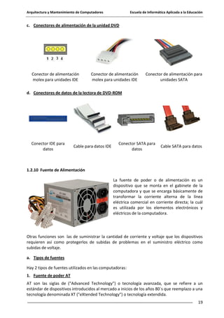 Arquitectura y Mantenimiento de Computadores

Escuela de Informática Aplicada a la Educación

c. Conectores de alimentación de la unidad DVD

Conector de alimentación
molex para unidades IDE

Conector de alimentación
molex para unidades IDE

Conector de alimentación para
unidades SATA

d. Conectores de datos de la lectora de DVD-ROM

Conector IDE para
datos

Cable para datos IDE

Conector SATA para
datos

Cable SATA para datos

1.2.10 Fuente de Alimentación
La fuente de poder o de alimentación es un
dispositivo que se monta en el gabinete de la
computadora y que se encarga básicamente de
transformar la corriente alterna de la línea
eléctrica comercial en corriente directa; la cuál
es utilizada por los elementos electrónicos y
eléctricos de la computadora.

Otras funciones son las de suministrar la cantidad de corriente y voltaje que los dispositivos
requieren así como protegerlos de subidas de problemas en el suministro eléctrico como
subidas de voltaje.
a. Tipos de fuentes
Hay 2 tipos de fuentes utilizados en las computadoras:
1. Fuente de poder AT
AT son las siglas de ("Advanced Technology") o tecnología avanzada, que se refiere a un
estándar de dispositivos introducidos al mercado a inicios de los años 80´s que reemplazo a una
tecnología denominada XT ("eXtended Technology") o tecnología extendida.
19

 