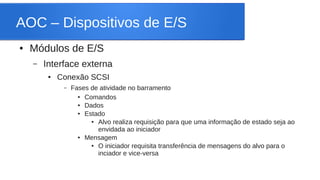 AOC – Dispositivos de E/S 
● Módulos de E/S 
– Interface externa 
● Conexão SCSI 
– Fases de atividade no barramento 
● Comandos 
● Dados 
● Estado 
● Alvo realiza requisição para que uma informação de estado seja ao 
envidada ao iniciador 
● Mensagem 
● O iniciador requisita transferência de mensagens do alvo para o 
inciador e vice-versa 
 