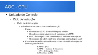 AOC - CPU 
● Unidade de Controle 
– Ciclo de Instrução 
● Ciclo de interrupção 
– Ativado toda vez que ocorre uma interrupção 
● Etapas 
● O conteúdo do PC é transferido para o MBR 
● O endereço para salvamento é carregado em MAR 
● O PC é carregado com o endereço da rotina de interrupção 
● O conteúdo do MBR é salvo no endereço apontado por MAR 
● Essas etapas podem variar de acordo com os níveis e/ou tipos de 
interrupções tratadas 
 