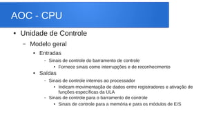 AOC - CPU 
● Unidade de Controle 
– Modelo geral 
● Entradas 
– Sinais de controle do barramento de controle 
● Fornece sinais como interrupções e de reconhecimento 
● Saídas 
– Sinais de controle internos ao processador 
● Indicam movimentação de dados entre registradores e ativação de 
funções específicas da ULA 
– Sinais de controle para o barramento de controle 
● Sinais de controle para a memória e para os módulos de E/S 
 