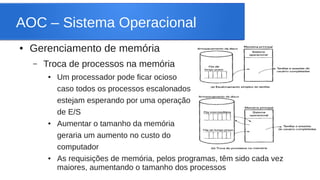 AOC – Sistema Operacional 
● Gerenciamento de memória 
– Troca de processos na memória 
● Um processador pode ficar ocioso 
caso todos os processos escalonados 
estejam esperando por uma operação 
de E/S 
● Aumentar o tamanho da memória 
geraria um aumento no custo do 
computador 
● As requisições de memória, pelos programas, têm sido cada vez 
maiores, aumentando o tamanho dos processos 
 