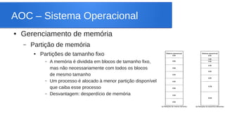 AOC – Sistema Operacional 
● Gerenciamento de memória 
– Partição de memória 
● Partições de tamanho fixo 
– A memória é dividida em blocos de tamanho fixo, 
mas não necessariamente com todos os blocos 
de mesmo tamanho 
– Um processo é alocado à menor partição disponível 
que caiba esse processo 
– Desvantagem: desperdício de memória 
 
