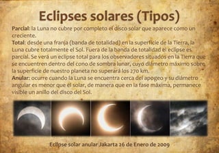 Parcial: la Luna no cubre por completo el disco solar que aparece como un
creciente.
Total: desde una franja (banda de totalidad) en la superficie de la Tierra, la
Luna cubre totalmente el Sol. Fuera de la banda de totalidad el eclipse es
parcial. Se verá un eclipse total para los observadores situados en la Tierra que
se encuentren dentro del cono de sombra lunar, cuyo diámetro máximo sobre
la superficie de nuestro planeta no superará los 270 km.
Anular: ocurre cuando la Luna se encuentra cerca del apogeo y su diámetro
angular es menor que el solar, de manera que en la fase máxima, permanece
visible un anillo del disco del Sol.




               Eclipse solar anular Jakarta 26 de Enero de 2009
 
