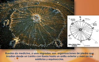 Ruedas de medicina, o aros sagrados, son organizaciones de piedra que
 irradian desde un centro con líneas hasta un anillo exterior y marcan los
                         solsticios y equinoccios.
 