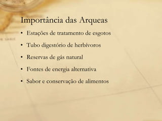 Importância das Arqueas
• Estações de tratamento de esgotos
• Tubo digestório de herbívoros
• Reservas de gás natural
• Fontes de energia alternativa
• Sabor e conservação de alimentos
 