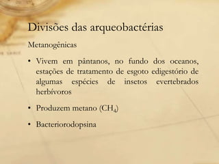 Divisões das arqueobactérias
Metanogênicas
• Vivem em pântanos, no fundo dos oceanos,
estações de tratamento de esgoto edigestório de
algumas espécies de insetos evertebrados
herbívoros
• Produzem metano (CH4)
• Bacteriorodopsina
 