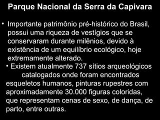 Parque Nacional da Serra da Capivara
• Importante patrimônio pré-histórico do Brasil,
possui uma riqueza de vestígios que se
conservaram durante milênios, devido à
existência de um equilíbrio ecológico, hoje
extremamente alterado.
• Existem atualmente 737 sítios arqueológicos
catalogados onde foram encontrados
esqueletos humanos, pinturas rupestres com
aproximadamente 30.000 figuras coloridas,
que representam cenas de sexo, de dança, de
parto, entre outras.