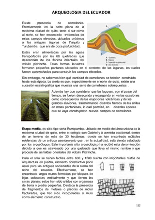 ARQUEOLOGIA DEL ECUADOR
112
Existe presencia de camellones.
Efectivamente en la parte plana de la
moderna ciudad de quito, tanto al sur como
al norte, se han encontrado evidencias de
estos campos elevados, ubicados próximos
a las antiguas lagunas de Iñaquito y
Turubamba, que era de poca profundidad.
Estas eran alimentadas por las aguas
transportadas por las 68 quebradas que
descendían de los flancos orientales del
volcán pichincha. Estas formas lacustres
formaron pequeños pantanos ubicados en el contorno de las lagunas, los cuales
fueron aprovechados para construir los campos elevados.
Sin embargo, no sabemos bien qué cantidad de camellones se habrían construido
hasta esta época. Lo cierto es que, especialmente en el norte de quito, existe una
sucesión estrati-grafica que muestra una serie de camellones sobrepuestos .
Además hay que considerar que las lagunas, con el pasar del
tiempo, se fueron desecando y recargando en varias ocasiones
como consecuencia de las erupciones volcánicas y de los
grandes aluviones, transformando distintos flancos de las orillas
en zonas pantanosas, lo cual permitió, en distintas épocas
que se vaya construyendo nuevos campos de camellones
Etapa media, es sitio-tipo seria Rumipamba, ubicado en medio del área urbana de la
moderna ciudad de quito, entre el colegio san Gabriel y la avenida occidental, dentro
de un terreno de más de 30 hectáreas, donde se han encontrado múltiples
evidencias de un antiguo asentamiento que , en la actualidad, está siendo estudiado
por los arqueólogos. Este importante sitio arqueológico ha recibió esta denominación
debido a que es atravesado por una quebrada que lleva el mismo nombre y que
procede de las faldas orientales del volcán Pichincha.
Para el sitio se tienen fechas entre 600 y 1280 cuenta con importantes restos de
arquitectura en piedra, elemento constructivo poco
usual para las antiguas sociedades de la sierra del
norte del ecuador. Efectivamente, se han
encontrado largos muros formados por bloques de
lajas colocadas verticalmente y que tienen las
caras planas; estos han sido unidos con argamasa
de tierra y piedra pequeñas. Destaca la presencia
de fragmentos de metales o piedras de motor
fracturadas, que han sido incorporadas al muro
como elemento constructivo.
 
