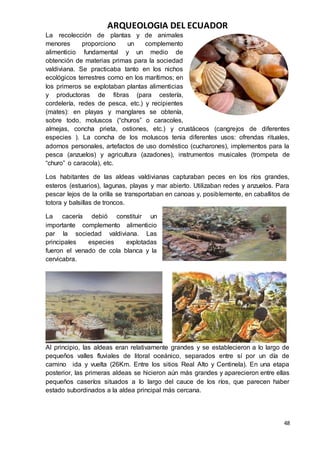 ARQUEOLOGIA DEL ECUADOR
48
La recolección de plantas y de animales
menores proporciono un complemento
alimenticio fundamental y un medio de
obtención de materias primas para la sociedad
valdiviana. Se practicaba tanto en los nichos
ecológicos terrestres como en los marítimos; en
los primeros se explotaban plantas alimenticias
y productoras de fibras (para cestería,
cordelería, redes de pesca, etc.) y recipientes
(mates): en playas y manglares se obtenía,
sobre todo, moluscos (“churos” o caracoles,
almejas, concha prieta, ostiones, etc.) y crustáceos (cangrejos de diferentes
especies ). La concha de los moluscos tenia diferentes usos: ofrendas rituales,
adornos personales, artefactos de uso doméstico (cucharones), implementos para la
pesca (anzuelos) y agricultura (azadones), instrumentos musicales (trompeta de
“churo” o caracola), etc.
Los habitantes de las aldeas valdivianas capturaban peces en los ríos grandes,
esteros (estuarios), lagunas, playas y mar abierto. Utilizaban redes y anzuelos. Para
pescar lejos de la orilla se transportaban en canoas y, posiblemente, en caballitos de
totora y balsillas de troncos.
La cacería debió constituir un
importante complemento alimenticio
par la sociedad valdiviana. Las
principales especies explotadas
fueron el venado de cola blanca y la
cervicabra.
Al principio, las aldeas eran relativamente grandes y se establecieron a lo largo de
pequeños valles fluviales de litoral oceánico, separados entre sí por un día de
camino ida y vuelta (26Km. Entre los sitios Real Alto y Centinela). En una etapa
posterior, las primeras aldeas se hicieron aún más grandes y aparecieron entre ellas
pequeños caseríos situados a lo largo del cauce de los ríos, que parecen haber
estado subordinados a la aldea principal más cercana.
 