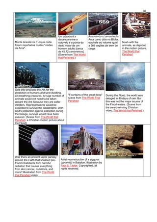 30
Monte Ararate na Turquia onde
foram reportadas muitas "visões
da Arca".
Um côvado é a
distancia entre o
cotovelo e a ponta do
dedo maior de um
homem adulto [cerca
de 45,72 centimetros].
(Scene from The World
that Perished.)
Assumindo o tamanho da
Arca como ditto na Bíblia,
equivale ao volume igual
a 569 vagões de trem de
carga.
Noah with the
animals, as depicted
in the motion picture,
The World that
Perished.
God only provided the Ark for the
protection of humans and land-dwelling,
air-breathing creatures. A huge number of
animals would not need to be taken
aboard the Ark because they are water
dwellers. Representatives would be
expected to survive the catastrophe. With
God's protection against extinction during
the Deluge, survival would have been
assured. (Scene from The World that
Perished, a Christian motion picture about
the Flood)
"Fountains of the great deep"
scene from The World That
Perished
During the Flood, the world was
deluged in 40 days of rain. But
this was not the major source of
the Flood waters. (Scene from
the award-winning Christian
video, The World that Perished.)
Was there an ancient vapor canopy
around the Earth that shielded pre-
Flood inhabitants from harmful
radiation that causes everything
from skin cancer, mutations, and
more? Illustration from The World
that Perished video.
Artist reconstruction of a ziggurat
(pyramid) in Babylon. Illustration by
Paul S. Taylor. Copyrighted, all
rights reserved.
 