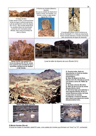 36
O Oásis de Elim.
Então vieram a Elim, e havia ali doze
fontes de água e setenta palmeiras;
e ali se acamparam junto das águas
(Êx 15.27). Nos montes deste local
os sauditas dizem ter encontrado
cavernas com inscrições sobre
Moisés, bem como as tumbas de
Jetro e Zípora.
A Rocha em Horebe (Massá e
Meribá).
Eis que eu estarei ali diante de ti
sobre a rocha, em Horebe, e tu
ferirás a rocha, e dela sairão
águas (Ex 17.6)
A localização dessa rocha é próxima ao
Monte Horebe(Êx 3.1). Nota-se claramente
nesse rochedo elevado a erosão provocada
pelo escoamento da água da nascente.
Nesse monte com pedras em
forma de tábuas (Êx 23.12), existe
uma caverna que acredita-se ser a
qual Elias refugiou-se de Jezabel
(1 Re 19.8-9).
Local do altar do bezerro de ouro (Êxodo 32.5)
A: Guarda árabe. Após as
descobertas no local os árabes
declararam-no sítio
arqueológico.
B: Altar do Bezerro de Ouro
(Êxodo 32.5,19). Situado ao pé de
um monte a cerca de 1500m de
Horebe.
C: As doze colunas (Êx 24.4).
D: Altar de terra ao pé do monte
(Êxodo 20.24 e 24.4).
E: Barreiras feita para delimitar a
área sagrada (Êxodo 19.23). O
arraial situava-se atrás, em toda
a área entre os montes.
É evidente o contorno deixado
pelo ribeiro que descia do monte
(Deuteronômio 9.21).
Resto das doze colunas Escavações no local
O Monte Horebe (Sin-ai).
O local em árabe é chamado Jabel El Laws, uma cadeia de montes que formam um "arco" ou "U", conhecido
 