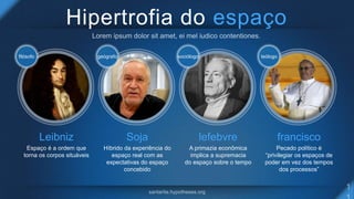 Hipertrofia do espaço
Leibniz
Espaço é a ordem que
torna os corpos situáveis
filósofo
Soja
Híbrido da experiência do
espaço real com as
expectativas do espaço
concebido
geógrafo
lefebvre
A primazia econômica
implica a supremacia
do espaço sobre o tempo
sociólogo
francisco
Pecado político é
“privilegiar os espaços de
poder em vez dos tempos
dos processos”
teólogo
 