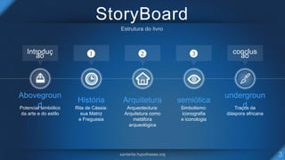 StoryBoard
Abovegroun
dPotencial simbólico
da arte e do estilo
Introduç
ão
História
Rita de Cássia:
sua Matriz
e Freguesia
❶
Arquitetura
Arqueotectura:
Arquitetura como
metáfora
arqueológica
❷
semiótica
Simbolismo:
iconografia
e iconologia
❸
undergroun
dTraços da
diáspora africana
conclus
ão
 