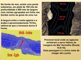 Deus dividiu o mar com um forte vento oriental expondoestaponte de terra subaquáticaporondeMoisés e osisraelitaspassaramem terra seca! Foiassimque 2-3 milhões de pessoaspuderampassá-lo!Êxodo 14:21-22 “EntãoMoisésestendeu a mãosobre o mar; e, com um forte vento do Leste, o Senhor fez recuar o mar todaaquelanoite, tornando o mar em terra seca. As águas se dividiram, e osisraelitasentrarampelomeio do mar em terra seca; e as águasficaramcomo um muroàdireita e àesquerda deles.”