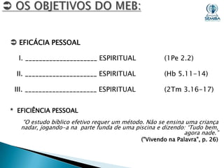  EFICÁCIA PESSOAL
I. _____________________ ESPIRITUAL
II. _____________________ ESPIRITUAL
III. _____________________ ESPIRITUAL

(1Pe 2.2)
(Hb 5.11-14)
(2Tm 3.16-17)

* EFICIÊNCIA PESSOAL
“O estudo bíblico efetivo requer um método. Não se ensina uma criança
nadar, jogando-a na parte funda de uma piscina e dizendo: „Tudo bem,
agora nade.”
("Vivendo na Palavra", p. 26)

 