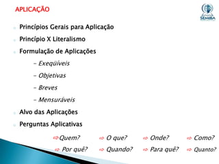APLICAÇÃO
o

Princípios Gerais para Aplicação

o

Princípio X Literalismo

o

Formulação de Aplicações

- Exeqüíveis
- Objetivas
- Breves
- Mensuráveis
o

Alvo das Aplicações

o

Perguntas Aplicativas

⇨Quem?
⇨ Por quê?

⇨ O que?

⇨ Onde?

⇨ Como?

⇨ Quando?

⇨ Para quê?

⇨ Quanto?

 