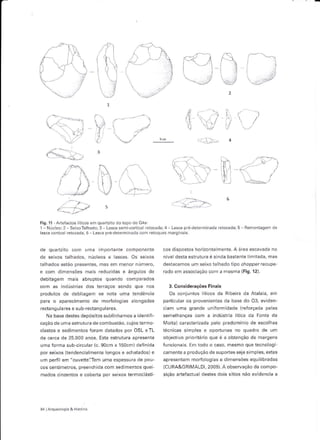 ffi*G
   ,-s. i
    4d
         ,,'/
                             -
                                                                            (Ç»?
                                                                                   €>.
   tuà>
    ^1


               ( N ,{-.
         rt/N/) tià/ 
         I l--. V'd                                                           I




         ffi
         -=--1/
Fig.1í Artêfâdtôs líticôs êm quartzito dotopo do orl3:
1- Núcleo;2 -SeixoTalhádo;3 Lâsca semi @rtical retocadaj 4 -         Lasca p.é-dererfrinadâ retocâdaj   5   Rêmontâgem de
lasca cortical   retocada,6      Lascâ pré determinâda com retoques ma.ginais.



de quanzito com uma impoítantê componente                         cos dispostos horizontalmente. A áíeâ escavâdâ no
dê sêios talhados, nucleos e lascas. Os cêixos                   níveldesta êstrutura é aiflda bastante limitâdê, mas
talhados estáo presentes, mas em menor número,                    destacamos um sêixo ialhado tipo óopperrecupe-
e com dimensões mais íeduzidas e ângulos de                       rado em associaçáo com a mesma {Fig.12}.
debitagem mais abruptos quando compârados
com as indústíias dos terraços sendo que nos                         3. Considerações Finais
produtos de debitagem se nota uma tendência                          Os conjuntos líticos dâ Ribeirâ da Atalaia, em
para o aparecimento de morÍologiâs âlongadâs                      particular os provenienies da base do 03, eviden-
rêctangulaÍes e sub'rectangulares.                                ciam uma grande uniÍormidade (reÍorçada pelas
   Na base destes depósitos sublinhamos a identifi-               semelhanças com      a indústria lítica da    Fonte dâ
caçâo de uma estrutura de combustáo, cujostermo                   Moita) caracterizâda pelo predomínio de êscolhas
clastos e sedimentos loram datados por OSL eTL                    técnicas s;mples e oportunas no quâdro de um
de cerca de 25.000 anos. Estâ estrutura apresenta                 obiêctivo prioritário que é a oblençáo de maÍsens
uma forma sub circular (c. 90cm x 150cm) deÍinida                 funcionais. Em tôdo o caso, mêsmo que tecnologi
por sêixos {tendencialmenle longos ê achatados) e                 câmente a produçáo de supodes seja simplês, estâs
um períil em "cuvêtte':Tem uma espessurâ de pou-                  aprêsêntam morfologias e dimensôes equilibradas
cos centrmerros. preenchidâ com sedimentos quei'                  (CURA&GRIMALDI, 2009). A observação dâ compo-
mâdos cinzentos e coberta por seixos termoclásti'                 sição arteÍactual deslês dois sitios náo evidencia a




3a larqueoloqia &   Hlíóiâ
 
