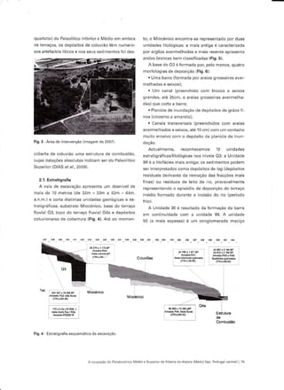 quartzito)do Paleoiitico lnferior e Médio em ambos               to, o lúiocénico encontrê se representado poÍ duas
os teÍaços, os depósitos de coluviáo têm numero-                 unidades Iitológicas: a mais antiga é câractêrizadâ
sos anefaclos 1íticos e nos seus sedlmentos foi des              por argilas avermelhadas ã mâis recente apresentê
                                                                 areias brancas bêm classificadas (Fis.5).
                                                                    A base do 03 é Íormada por, pelo menos, quatro
                                                                 morfolosias de deposiçáo (Fig.6):
                                                                    . Uma barra {formâda por âíeias grossêkâs áver'
                                                                 melhadâs e sêixos);
                                                                    . tlT caral      (preerch;do      cor
                                                                                                  b,oLos e seixos
                                                                 grandes, ale 35cm, e areias grosseiras avermelha
                                                                 das) que corta â barraj
                                                                   . Plâníc;ê de inundãçáo dê depósitos de gráos fi-
                                                                 nos (cinzento a êmêrelo);
                                                                   . Canais transr'e'sdis (prâenchidos com âreias
                                                                 avermelhadas e se;xos, âté 10 cm) com um contacto
                                                                 muilo e,osivo con o depósilo oe pldnicie de irun
Fig.3 Arêâ   de intetuenção limê9êm dê 2007).                    dãÇáo.
                                                                    Actuêlmente, reconhecemos'10 unidades
cobeÉa dê coluvião umê estrutuía de combustão,                   esrraiigráficas/litológicâs nos níveis 03: a Unidade
cujas datações absolutas indicam ser do Paleolítico              99 é â litofácies mais antiga; os sêdimentos podêm
Superior {DIAS er â1, 2009).                                     sêr inierpretêdos como depósitos de /as (depósitos
                                                                 res dLais derivdnre dd remoçdo dâs fraÍçóes                nais
  2.1. EstrâtigraÍia
                                                                 f,nas) ou resíduos dê leito de rio, provãvêlmenie
   A vala de escavação apresenta um desnivel de                  rêpresent:ndo o episódio de deposlçâo do teraço
mais dê 10 meiros (de 32m - 33m a 43m - Mm.                      médio formado durante a incisão do rio {período
â.n.m.) e cortê di§tinias unidades geoiógicas e ês               frio).
iratigráficas: subsúato tVIíocénico, base do terraço                 A Unidade 30 é resultado da formação da barra
fluvial 03, topo do terrâço fluvial 04â ê depósitos              em coniinuidade com a unidade 99. A unidade
coluvionâres de cobertura (Fig.4). Até ao momen                  50 {ê Tdis aspessa) e um conglomeràdo mêc'ço




Fis,4-EstratiqraÍia esquemática da escavação.




                              A ô.upâçáô dô Pleisi.cénlco À/léd o e Superior da Ribena daAta aia {t4édioTero, Pofrusalcent€D I 79
 