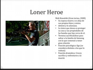 Loner Heroe
        Walt Kowalski (Gran torino, 2008)
        • Su esposa muere y se aleja de
          sus propios hijos y nietos.
        • detiene y lo amenaza.
        • Lo único que desea es proteger
          su casa y sus propiedades de
          las bandas que hay cerca de el.
        • Termina sacrificándose para
          salvar a la familia de hmnong
          con la que comenzó a tener
          gran relación
        • Función psicológica: Ego (se
          considera distinto a los que lo
          rodean)
        • Función dramática: Crecer,
          sacrifico y enfrentarse a la
          muerte
 