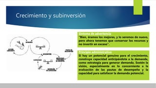 Crecimiento y subinversión
Síntoma de advertencia
"Bien, éramos los mejores, y lo seremos de nuevo,
pero ahora tenemos que conservar los recursos y
no invertir en exceso".
Principio administrativo
Si hay un potencial genuino para el crecimiento,
construye capacidad anticipándote a la demanda,
como estrategia para generar demanda. Sostén la
visión, especialmente en lo concerniente a la
evaluación de las pautas de desempeño y la
capacidad para satisfacer la demanda potencial.
 