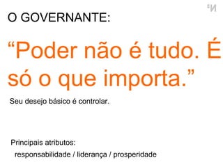 O GOVERNANTE: “ Poder não é tudo. É só o que importa.” responsabilidade / liderança / prosperidade Principais atributos: Seu desejo básico é controlar. 
