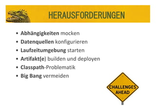 • Abhängigkeiten mocken
• Datenquellen konfigurieren
• Laufzeitumgebung starten
• Artifakt(e) builden und deployen
• Classpath-Problematik
• Big Bang vermeiden
HERAUSFORDERUNGEN
 