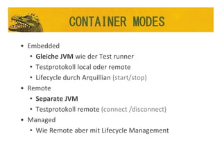 • Embedded
• Gleiche JVM wie der Test runner
• Testprotokoll local oder remote
• Lifecycle durch Arquillian (start/stop)
• Remote
• Separate JVM
• Testprotokoll remote (connect /disconnect)
• Managed
• Wie Remote aber mit Lifecycle Management
CONTAINER MODES
 