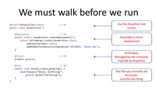 We must walk before we run
@RunWith(Arquillian.class)           // #1                                Use the Arquillian test
public class GreeterTest {                                                       runner.
    @Deployment                       // #2
    public static JavaArchive createDeployment() {                          Assemble a micro-
        return ShrinkWrap.create(JavaArchive.class)                            deployment
            .addClass(Greeter.class)
            .addAsManifestResource(EmptyAsset.INSTANCE, "beans.xml");
    }
                                                                               A CDI Bean.
    @Inject                          // #3                              Managed by the container.
    Greeter greeter;
                                                                         Injected by Arquillian.
    @Test                             // #4
    public void should_create_greeting() {
        assertEquals("Hello, Earthling!",                               Test like you normally do.
            greeter.greet("Earthling"));                                         No mocks.
    }                                                                       Just the real thing.
}
 