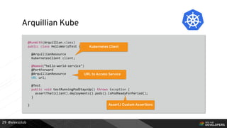 @alexsotob
Arquillian Kube
@RunWith(Arquillian.class)
public class HelloWorldTest {
@ArquillianResource
KubernetesClient client;
@Named(“hello-world-service")
@PortForward
@ArquillianResource
URL url;
@Test
public void testRunningPodStaysUp() throws Exception {
assertThat(client).deployments().pods().isPodReadyForPeriod();
}
}
29
Kubernetes Client
URL to Access Service
AssertJ Custom Assertions
 