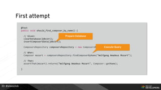 @alexsotob
First attempt
@Test
public void should_find_composer_by_name() {
// Given:
clearDatabase(jdbcUri);
insertComposersData(jdbcUri);
ComposersRepository composersRepository = new ComposersRepository();
// When:
Composer mozart = composersRepository.findComposerByName("Wolfgang Amadeus Mozart");
// Then:
assertThat(mozart).returns("Wolfgang Amadeus Mozart", Composer::getName);
}
33
Prepare Database
Execute Query
 