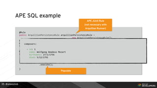 @alexsotob
APE SQL example
@Rule
public ArquillianPersistenceRule arquillianPersistenceRule =
new ArquillianPersistenceRule();
@DbUnit
@ArquillianResource
RdbmsPopulator rdbmsPopulator;
@Before
public void populateData() {
// Given:
rdbmsPopulator.forUri(jdbcUri).withDriver(Driver.class).withUsername("sa")
.withPassword("").usingDataSet("composers.yml")
.execute();
}
35
APE JUnit Rule
(not necessary with
Arquillian Runner)
Set DBUnit usage
Conﬁgure Connection and Dataset
Populate
composers:
- id: 1
name: Wolfgang Amadeus Mozart
birthdate: 27/1/1756
died: 5/12/1791
 