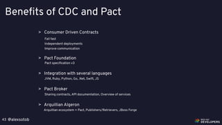 @alexsotob43
Benefits of CDC and Pact
> Pact Foundation
Pact speciﬁcation v3
> Integration with several languages
JVM, Ruby, Python, Go, .Net, Swift, JS
> Pact Broker
Sharing contracts, API documentation, Overview of services
> Arquillian Algeron
Arquillian ecosystem + Pact, Publishers/Retrievers, JBoss Forge
> Consumer Driven Contracts
Fail fast
Independent deployments
Improve communication
 