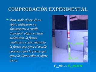 COMPROBACIÓN EXPERIMENTAL Para medir el peso de un objeto utilizamos un dinamómetro o muelle. Cuando el  objeto no tiene aceleración, la fuerza resultante es cero: midiendo la fuerza que ejerce el muelle podemos saber la fuerza que ejerce la Tierra sobre el objeto (peso) F T,o =? F m,o =0,5 N F res =0     F T,o =0,5 N 