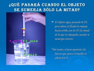 ¿Qué pasará cuando el objeto se sumerja sólo la mitad? El objeto sigue pesando 0,5N, pero ahora el fluido lo empuja hacia arriba con 0,1N (la mitad de lo que le empujaba cuando se sumergía entero) .  *Por tanto, el peso aparente (la fuerza que ejerce el muelle) es ahora 0,4 N F a,o =0,1 N F T,o =0,5 N F m,o =0,4 N 