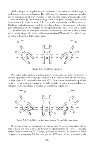 Só depois que os próprios alunos realizaram todas estas atividades é que o
professor deve dar as explicações. Diz então que nos casos sem massa de modelar
não se conseguia equilibrar o boneco de cabeça para baixo, nem sentado sobre
o dedo indicador, já que o centro de gravidade no peito do equilibrista ﬁcava
sempre acima do ponto de apoio PA. E estas são situações de equilíbrio instável.
Qualquer perturbação sobre o dedo ou sobre o boneco faz com que ele tombe,
pois a tendência do CG é sempre de cair aproximando-se da Terra, ver a Figura
5.7. Também não se conseguia equilibrar o boneco na horizontal com o dedo
sob a cabeça já que não havia nenhum apoio sob o CG no meio do peito. Logo,
ao soltar o boneco, o CG sempre caía.
PAPA PA
CG CGCG
Figura 5.7: Equilíbrio instável.
Por outro lado, quando se coloca massa de modelar nas mãos do boneco e
ele ﬁca equilibrado de cabeça para baixo, o CG passa a ﬁcar abaixo do dedo,
ou seja, abaixo do ponto de suspensão PS. Esta é uma situação de equilíbrio
estável. Se girarmos o boneco no sentido horário ou no sentido anti-horário,
subimos o CG em relação à posição de equilíbrio, Figura 5.8.
PS
CG CGCG
PS
PS
Figura 5.8: Equilíbrio estável com massa de modelar nas mãos.
O mesmo ocorre se tombarmos o boneco para frente ou para trás, isto é,
com o nariz ou com a nuca do boneco se aproximando da Terra. Também
nestes casos subimos o CG. Ou seja, qualquer movimento do boneco ao redor
do ponto de suspensão PS faz com que seu CG suba. Como a tendência do
105
 