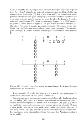 9.14c, o conjunto de 2N1 corpos possa ser substituído por um único corpo de
peso PA = 2N1P atuando no ponto E, como mostrado na Figura 9.15a, que
vamos chamar de situação (D). Isto é, se a situação (C) era de equilíbrio, então
pelo sexto Postulado vem que a situação (D) continuará sendo de equilíbrio, com
a alavanca podendo girar livremente ao redor do fulcro Γ. Também é possível
substituir o conjunto de 2N2 corpos por um corpo de peso PB = 2N2P atuando
no ponto △, como mostra a Figura 9.15b, que vamos chamar de situação (E).
Ou seja, o Postulado 6 garante que como a situação (C) anterior era de equi-
líbrio, este equilíbrio será preservado ao passar para a situação (D) e também
para a situação (E), com a alavanca podendo girar livremente ao redor do fulcro
Γ.
H KEΛ
H KEΛ
Figura 9.15: Segundo e terceiro passos no procedimento de Arquimedes para
demonstrar a lei da alavanca.
E esta situação (E) é a lei da alavanca, pois o peso PA está para o peso PB
assim como a distância △Γ está para a distância EΓ.
Suponha agora que a natureza se comportasse tal que a lei da alavanca fosse
do tipo da Eq. (9.7), com α = 1. Ou seja, que a alavanca só ﬁcasse em equilíbrio
quando valesse esta igualdade. Ainda assim as condições (A), (B) e (C) seriam
de equilíbrio. Mas, neste caso, não seria possível passar da situação (C) para
a situação (D), nem para a situação (E), mantendo o equilíbrio da alavanca, já
que as situações (D) e (E) não seriam de equilíbrio nesta situação hipotética.
Isto mostra que nesta situação hipotética o Postulado 6 de Arquimedes deixaria
de ser válido.
204
 